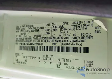 2011 Ford E-350 Super Duty Xl/Xlt из США, поврежденный, VIN 1FBSS3BL8BDA98836